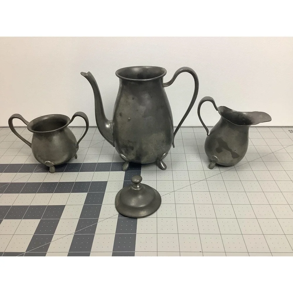 Vintage Pewter Tea Set Footed Teapot Creamer Sugar Bowl Colonial Style 3 Piece